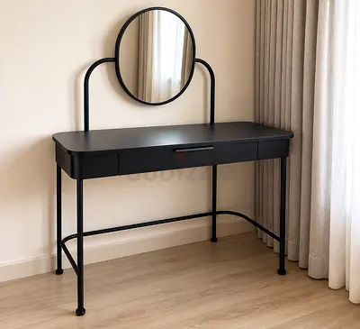 Black Metal Dressing Table with Round Mirror - Modern Vanity Desk