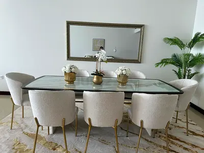 Danube Glass Top Dining Table with 8 Upholstered Chairs - Beige & Gold