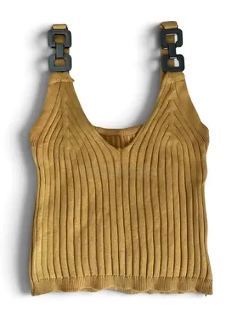 Mustard yellow ribbed Knit Tank Top with Decorative Strap Buckles