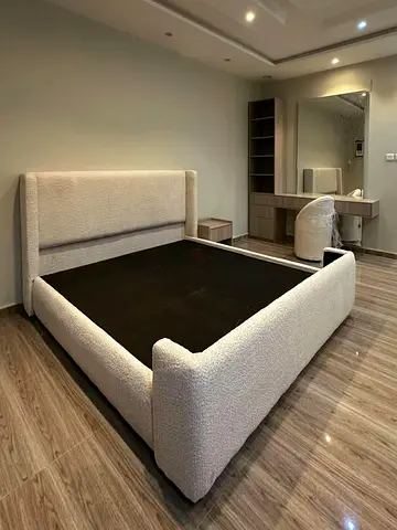 Beige Upholstered Double Bed with Rounded Headboard