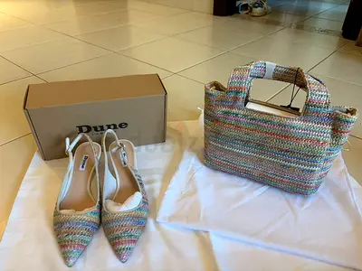 Dune London multicoloured woven slingback kitten heels with matching handbag
