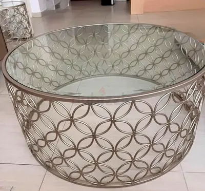 Modern Round Glass Top Coffee Table and side table (set of two)with Gold Geometric Base