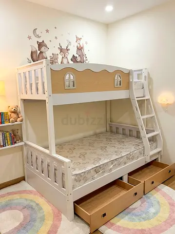White wooden bunk bed with drawers good quality