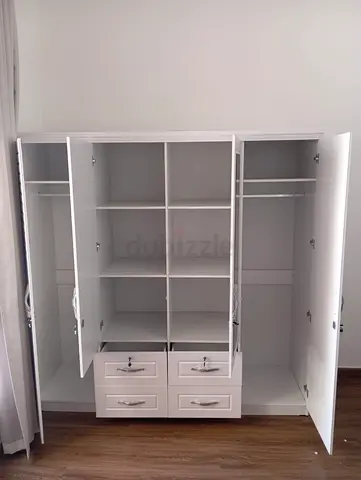 Modern White 4 Door Wardrobe with Shelves and Drawers
