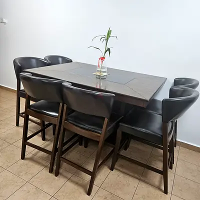Wooden Dining Table with 6 Padded Chairs - Dark Finish