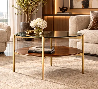 West Elm Round Glass & Wood Coffee Table with Gold Frame