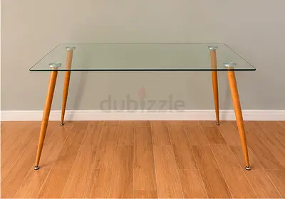 Modern Glass Dining Table with Wooden Legs