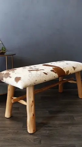 Rustic Cowhide Upholstered Wooden Bench - Natural Log Legs