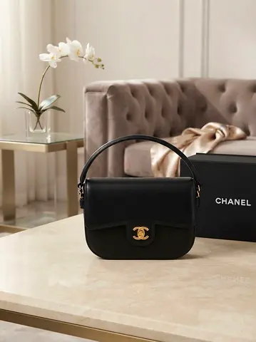 Chanel Black Leather Top-Handle Shoulder Bag with Gold CC Clasp