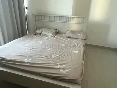 White wooden double bed frame with headboard - good condition