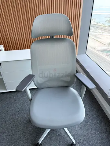 Light grey ergonomic office chair with adjustable armrests. Looks like a new
