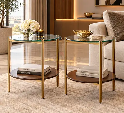 West Elm Pair of Modern Glass Top Side Tables with Brass Frame and Wood Shelf
