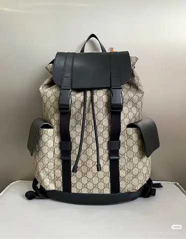 Gucci Monogram Canvas Backpack with Leather Trim