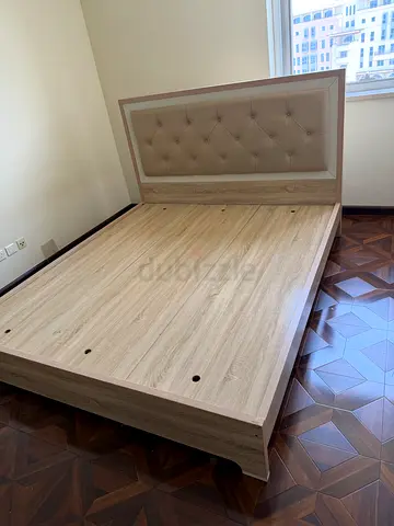King size wooden bed frame with upholstered headboard - light oak finish