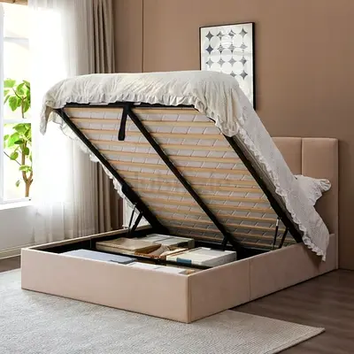Storage Ottoman Bed with Lift-Up Base - King Size, Beige