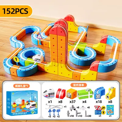 152pcs Magnetic Wooden Train Track Set with Bridges & Accessories