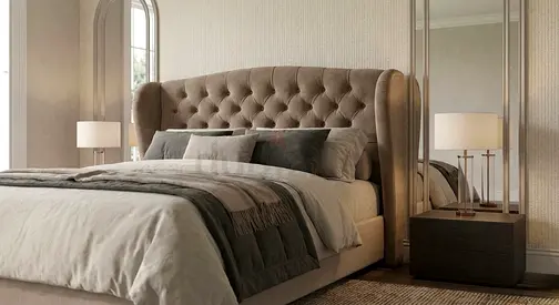 Upholstered tufted bed with headboard — neutral grey