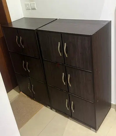 Set of 2 Dark Wood 6-Door Storage Cabinets - Good Condition