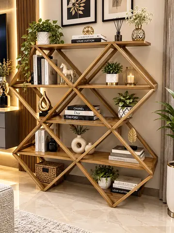 Wooden Geometric Diamond Display Shelf - Large 5-Tier Bookcase