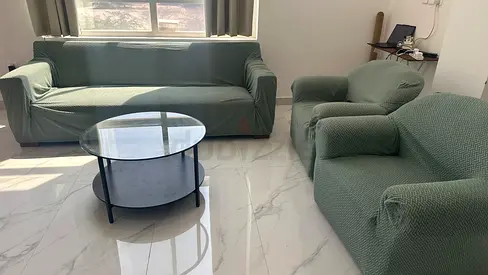 3-seater sofa and 2 armchairs set with glass coffee table - good condition