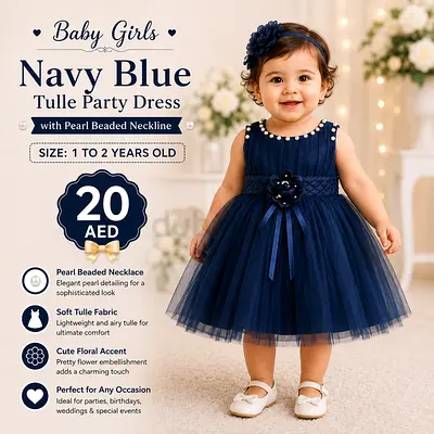 Baby Girls Navy Blue Tulle Party Dress with Pearl Beaded Neckline (1-2 yrs)