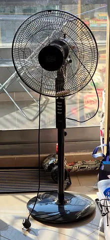 Used Black Pedestal Standing Fan - Adjustable Height, Working Condition