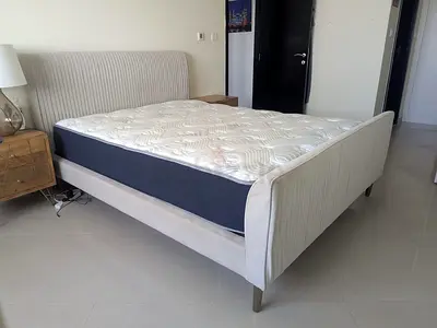 Few months old Light grey upholstered queen bed frame with gel-infused memory foam mattress included