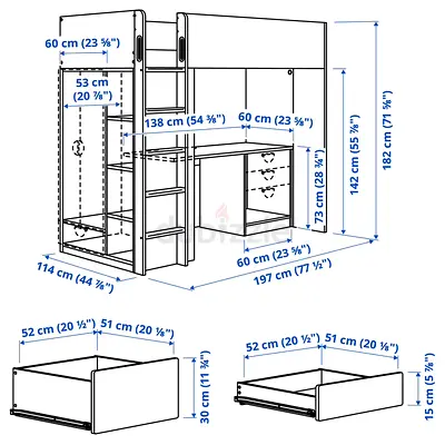 Loft bunk bed with built-in wardrobe, desk and storage - IKEA-style (197x114 cm footprint)