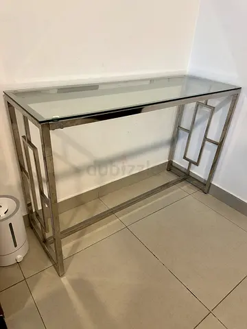 Glass Top Console Buffet Table with Stainless Steel Frame