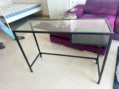 Glass Top Writing Desk with Black Metal Frame — Good Condition