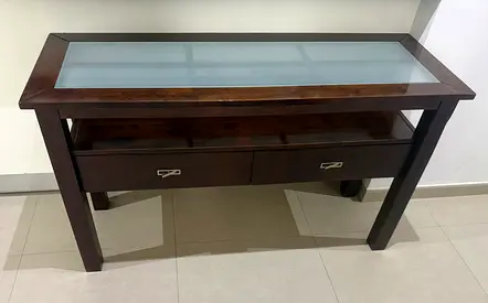 Wooden Console Table with Frosted Glass Top and Drawers
