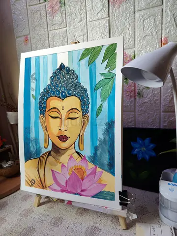 Hand-painted Buddha Portrait with Lotus - Original Watercolor/Ink Art