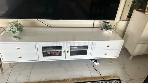 White TV Console Cabinet with Drawers and Glass Doors - Good Condition