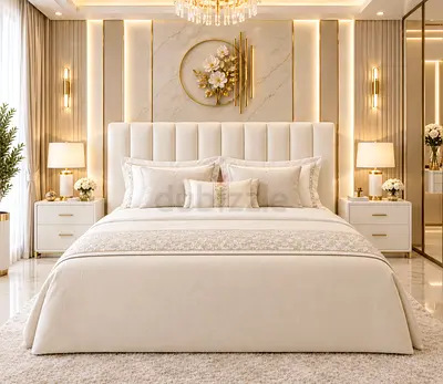 New Queen bed upholstered bed with headboard in cream storage bed- luxurious Queen size bed