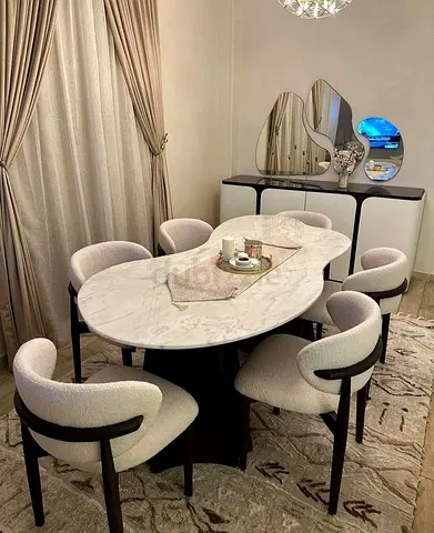 Marble-top Dining Table with 6 Upholstered Chairs - Modern Set