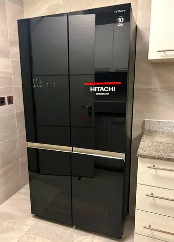 Hitachi 4-Door Black Glass Refrigerator - Excellent Condition