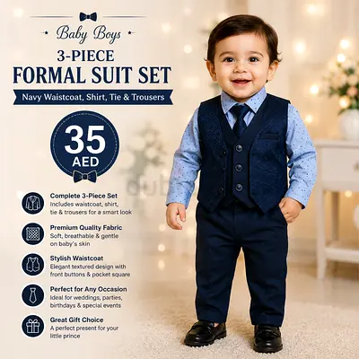 Baby Boys 3-Piece Formal Suit Set (Waistcoat, Shirt, Tie & Trousers) - Navy