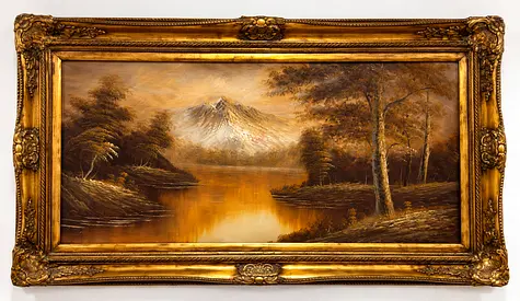 Framed Vintage Landscape Oil Painting with Ornate Gold Frame