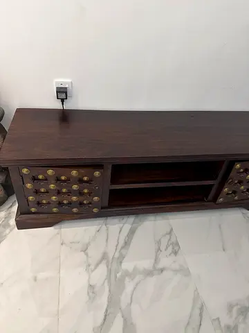 Wood teatable and TV stand with antique copper inlay details