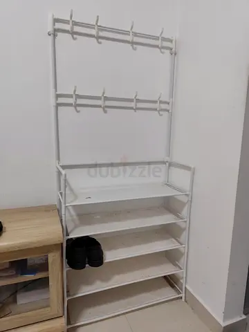 White metal shoe rack with coat hooks - 5 shelves