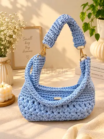 Handmade Crochet Light Blue Shoulder Bag with Padded Strap