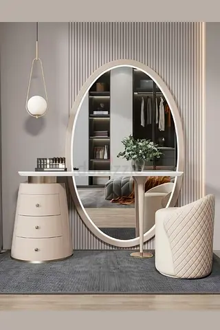 Modern Oval Dressing Table with Mirror and Quilted Vanity Stool