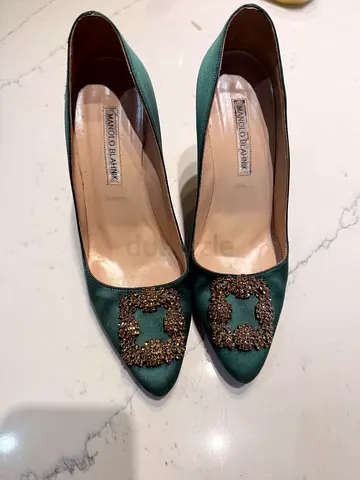 Manolo Blahnik Green Satin Embellished Pumps - Size 39
