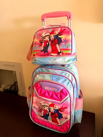 President Kids 2-piece Rolling School Bag and Lunch Bag Set - Pink/Blue, Good Condition