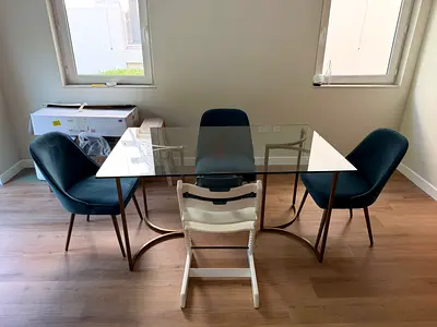 West Elm Glass Top Dining Table with 4 Upholstered Chairs