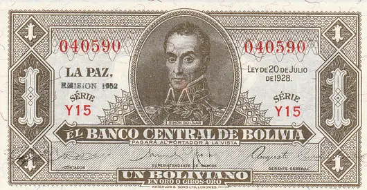 BOLIVIA 1 BOLIVIANO BANKNOTE 1928