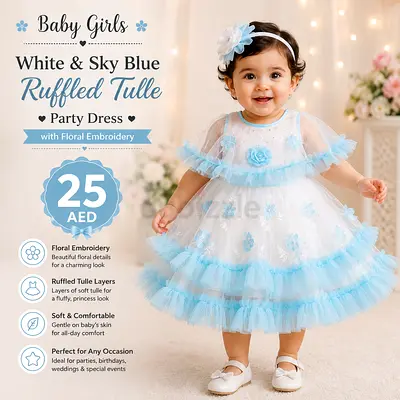White & Sky Blue Ruffled Tulle Baby Girl Party Dress (with Floral Embroidery)