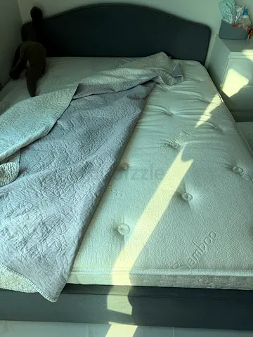 Grey Fabric queen Bed Frame with Bamboo Mattress and two under drawers
