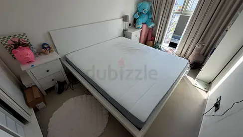 bed, mattress, and nightstands