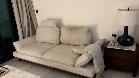 Take for free - Light grey 3-seater fabric sofa with wooden base and adjustable headrests